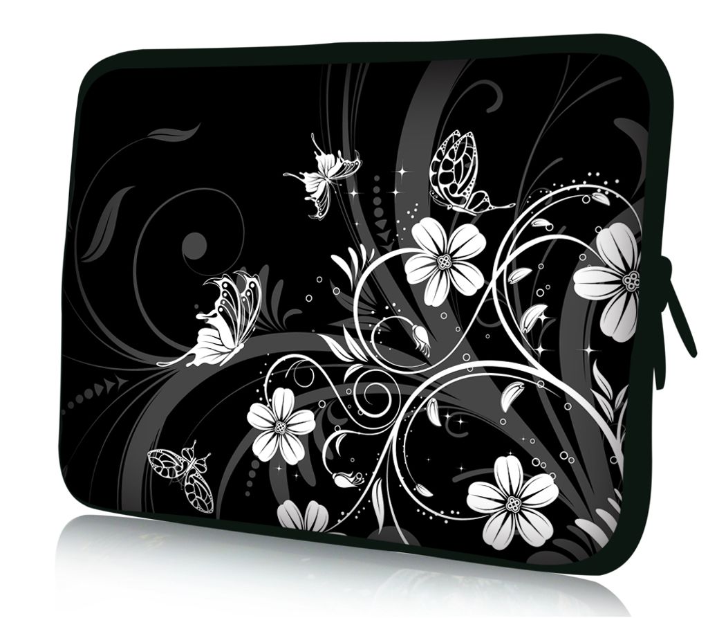 Universal Notebooktasche Sleeve aus Neopren für Laptop bis ca. 10,2 Zoll - Schmetterling Blumen Ranke Schwarz Weiß