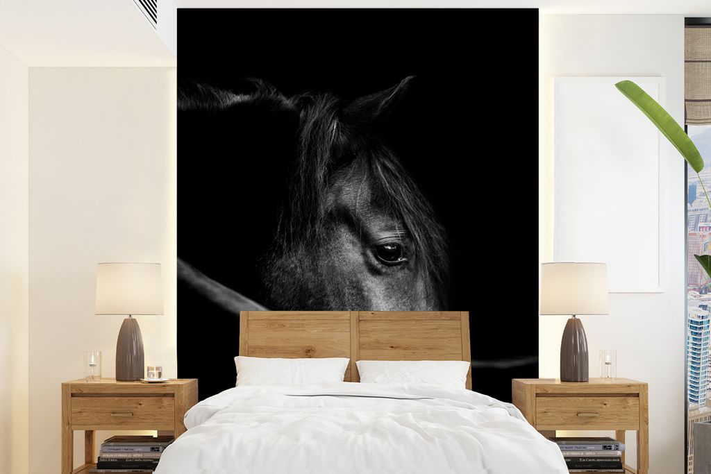 MuchoWow Fototapete für Wohnzimmer oder Schlafzimmer Wandtapete Vinyl Motivtapete Pferde - Porträt - Schwarz - Tiere - 165x220 cm - Wanddekorat...