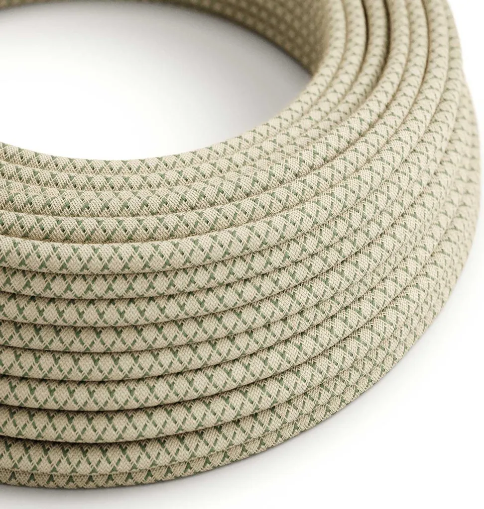 Câble rond textile 10 mètres Vert Thym et Beige RD62 en Coton et Lin