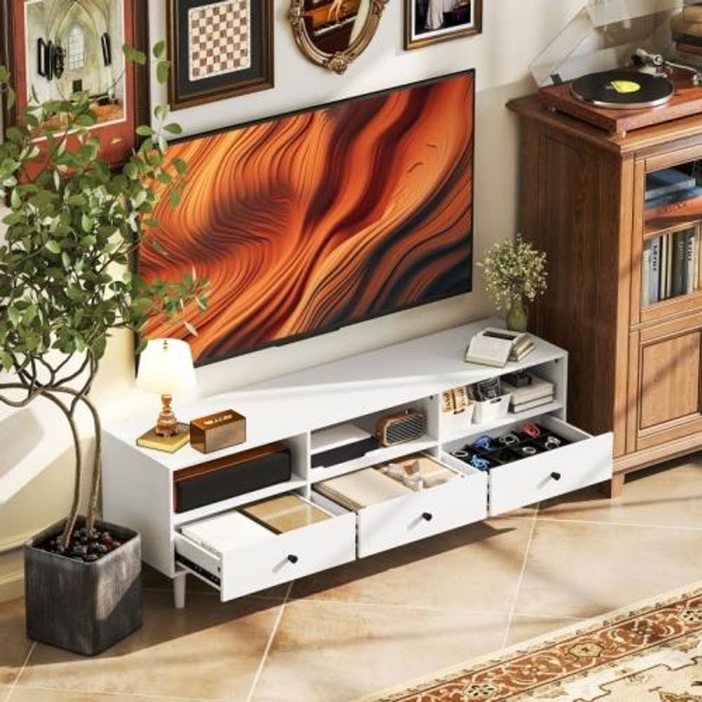 TV Schrank 140x34x45cm Weiss 3 Offenen Faechern Lowboard Kabelmanagement 75 Zoll Wohnzimmer Standschrank Tisch Staender Fernsehschrank Beistelltisch