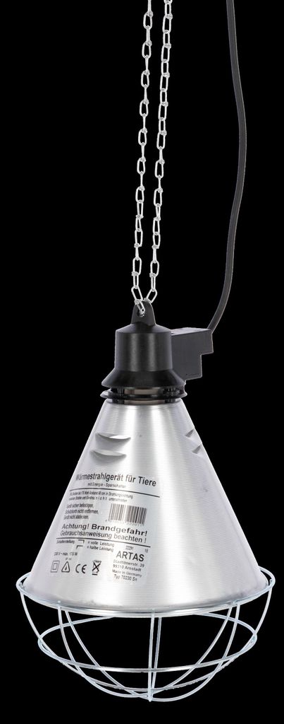 A hanging heat lamp with a metal cone-shaped reflector and a wire cage around the bulb, suspended by chains against a black background.