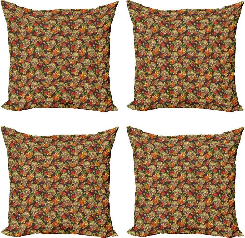 ABAKUHAUS Zuckerschädel Kissenbezug Set (4 Stück), Diamant-Blumen-Blatt, Moderner Doppelseitiger Digitaldruck, 60 cm x 60 cm, Hellgrün Gelb Orange