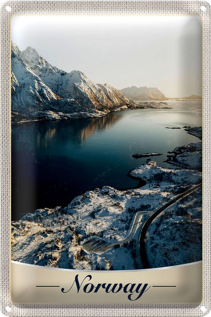 Blechschild Reise 40x30cm Norwegen Winterzeit Schnee Meer Urlaub