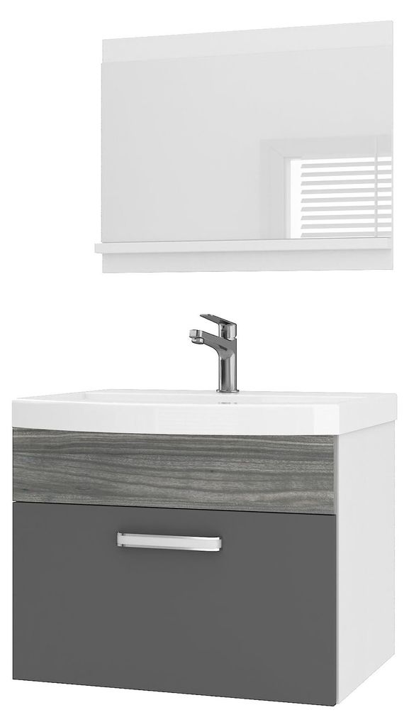BELINI Badmöbel Set PRI PM1 60 cm Grau Glamour Hochglanz - Moderner Badschrank mit Waschbecken & Spiegel, Vollausstattung Wandmontage
