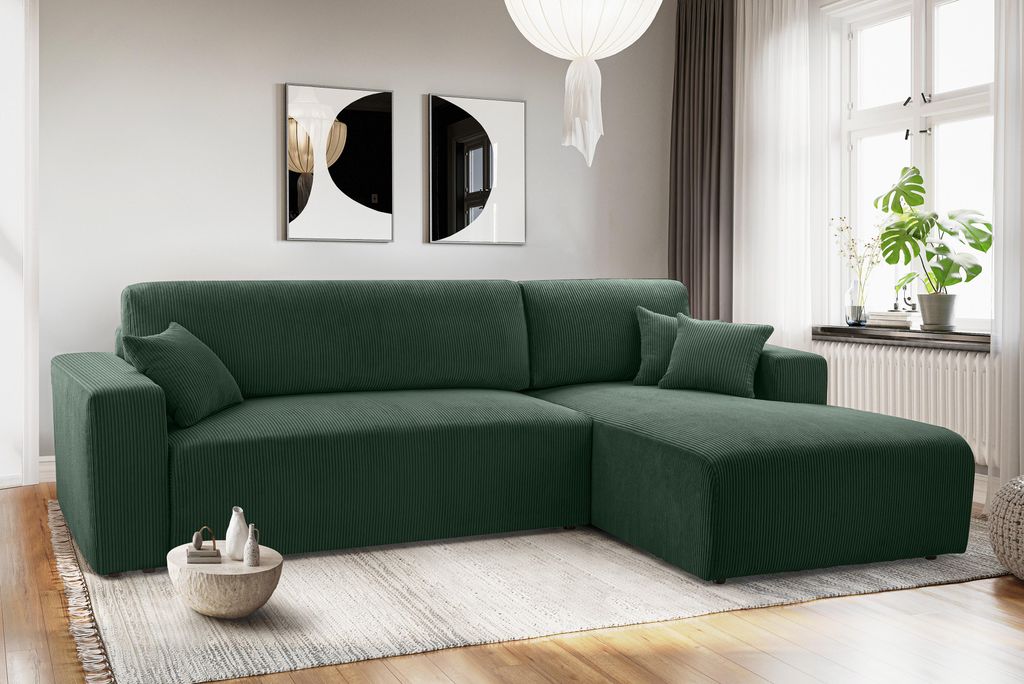 AX LIVING Catea Eckschlafsofa mit Bettkasten R – Dunkelgrünes Ecksofa 279 cm