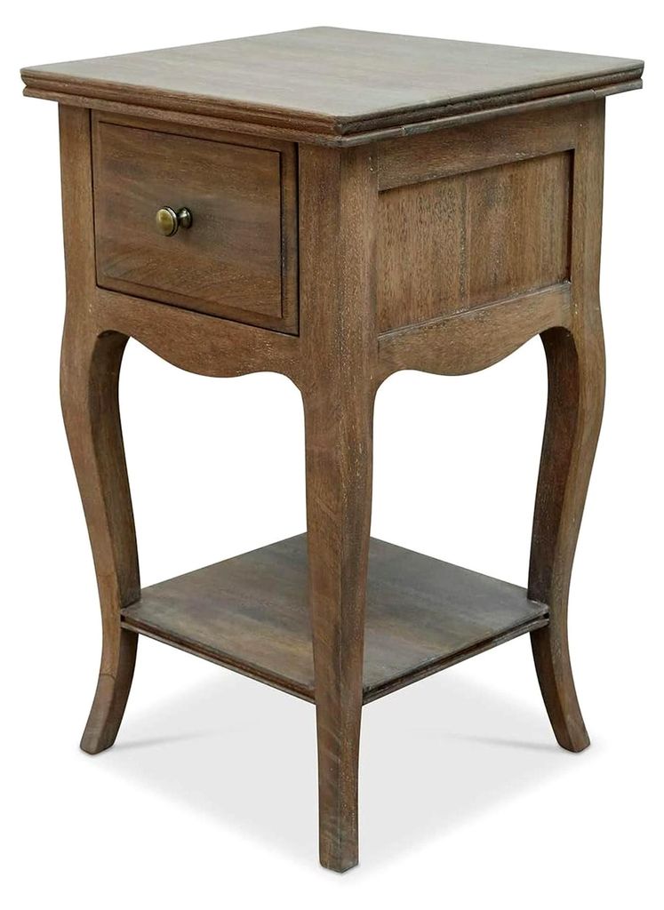 Nachttisch Bais im französischen Landhausstil, handgedrechselte Beine, Nachtkästchen aus Mangoholz und MDF, antikbraun