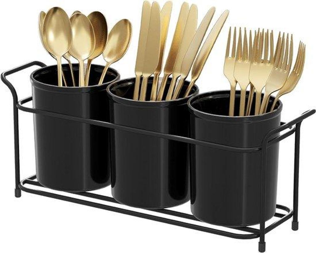 Schwarzes Bestecktablett mit 3 Fächern für Küchenorganisation