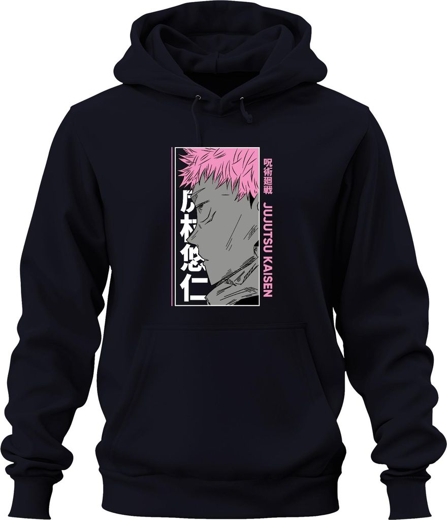 Jujutsu Kaisen Yuji Itadori Anime Porträt rosa Haare Manga Fan Uni Hoodie Kapuzenpullover, Navy, XL