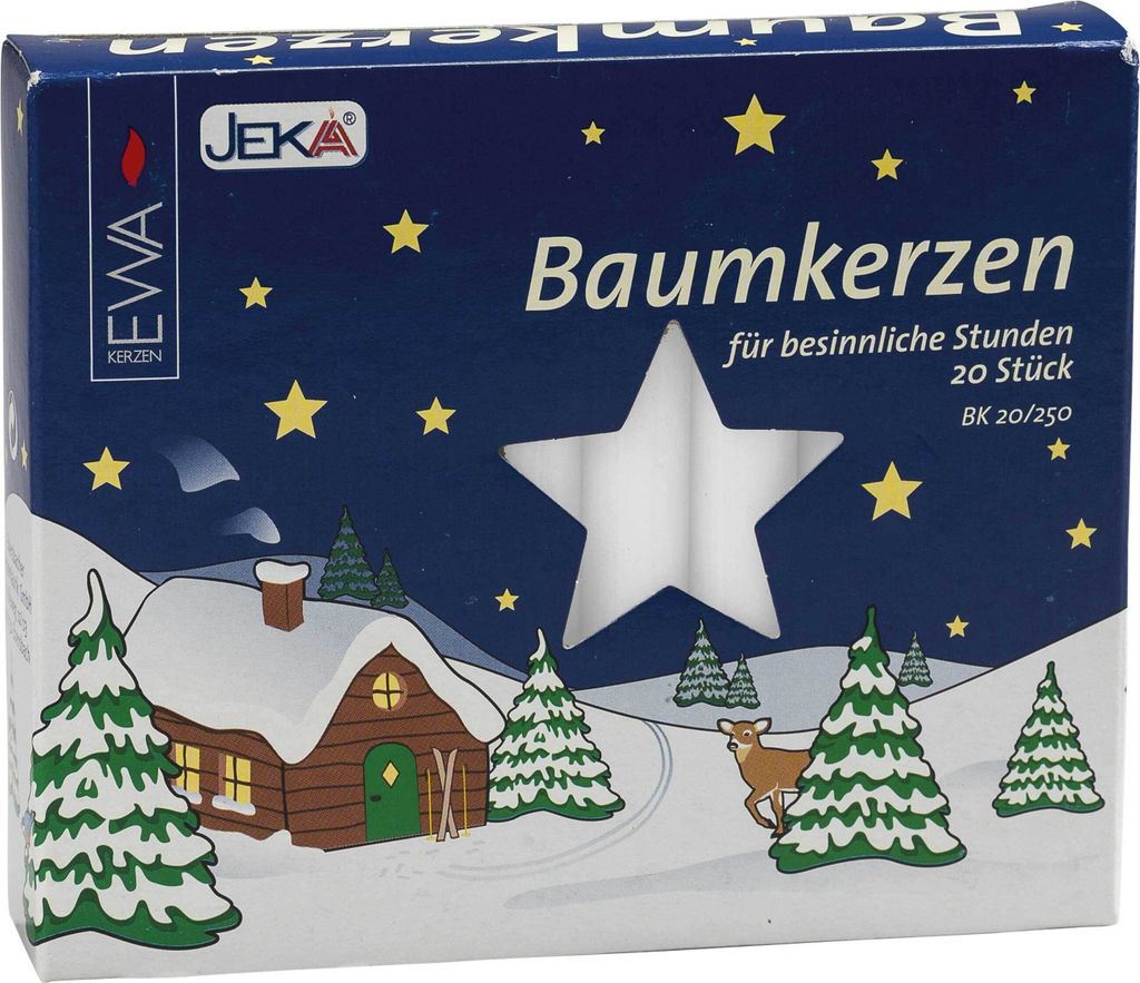 A box of Christmas tree candles with a winter scene illustration.