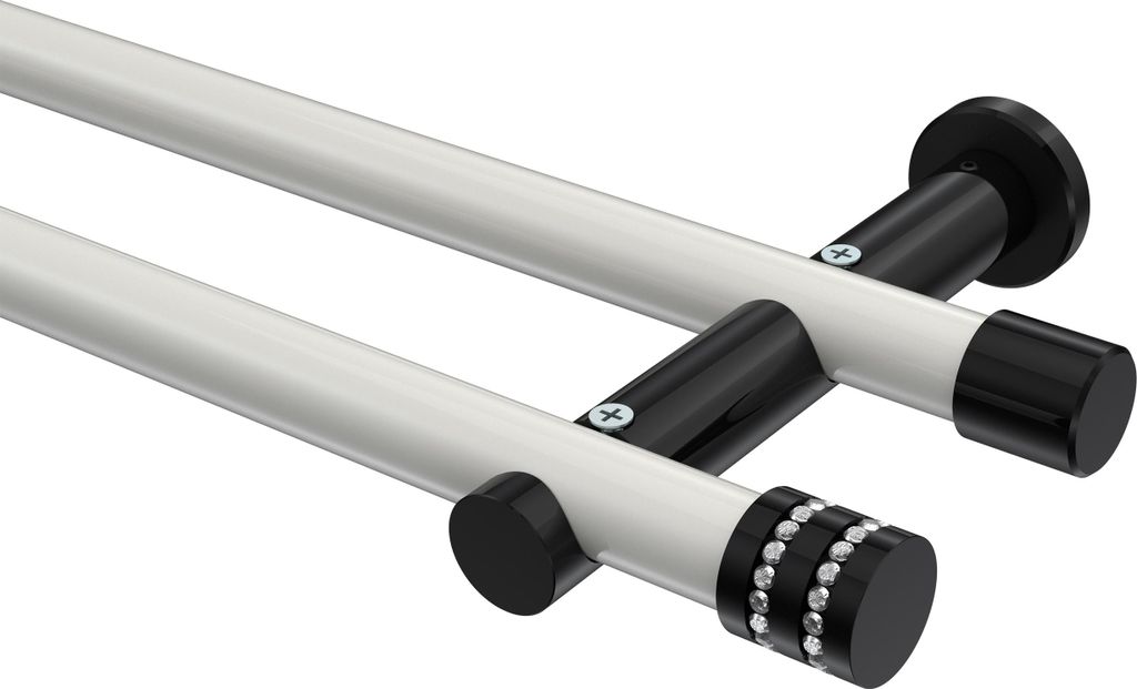 Interdeco Gardinenstange / Vorhangstange Weiß / Schwarz, Typ Platon Estana (Glitzerkappe) ohne Ringe, 20 mm Ø 2-läufig, 120 cm