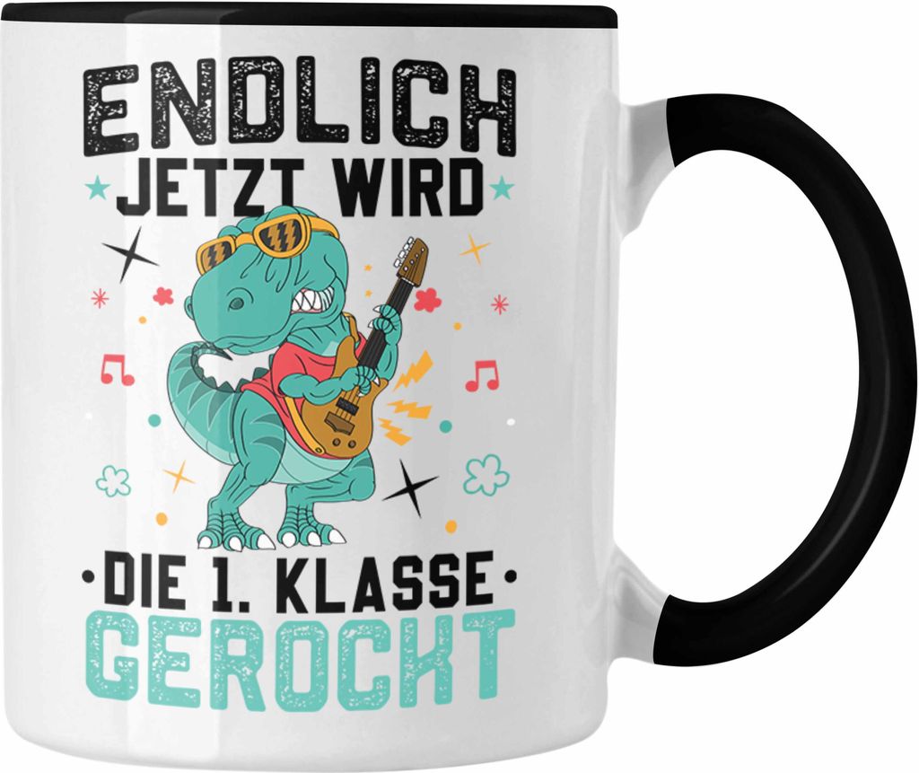 Trendation - Erste Klasse Wird Gerockt Tasse Geschenk zur Einschulung Dinosaurer Jungs Jungen Geschenkidee (Schwarz)