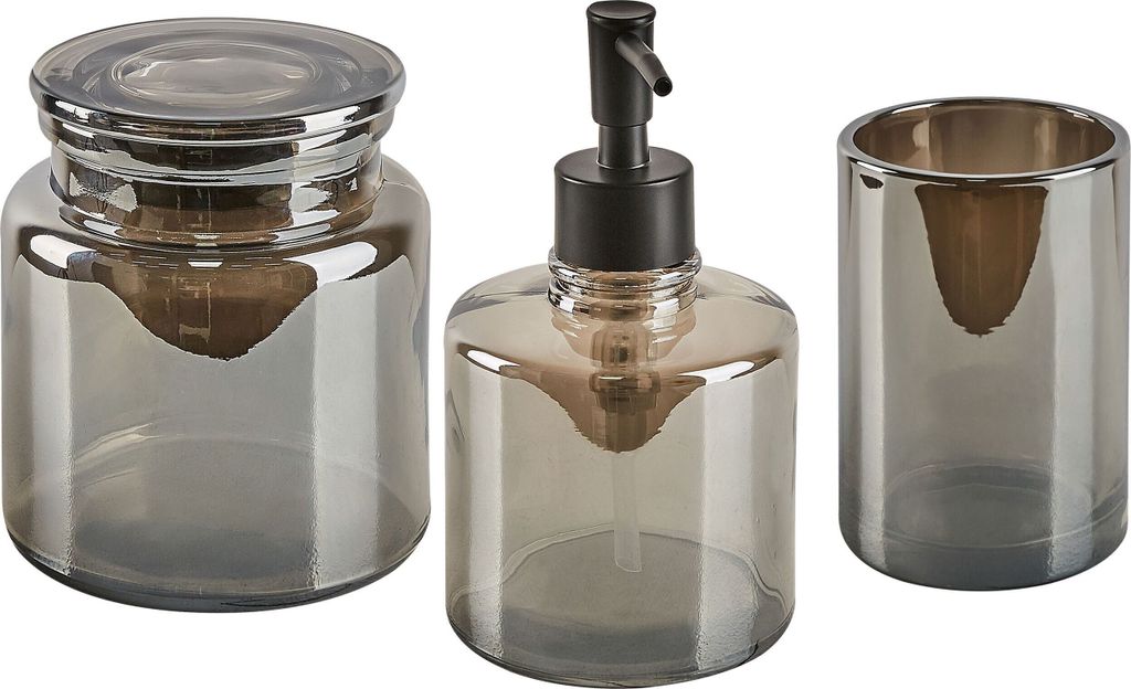 BELIANI 3-teiliges Badezimmer-Set Glas in Grau Seifenspender Zahnbürstenhalter Becher Eleganter Moderner Stil Badzubehör für WC Toilette