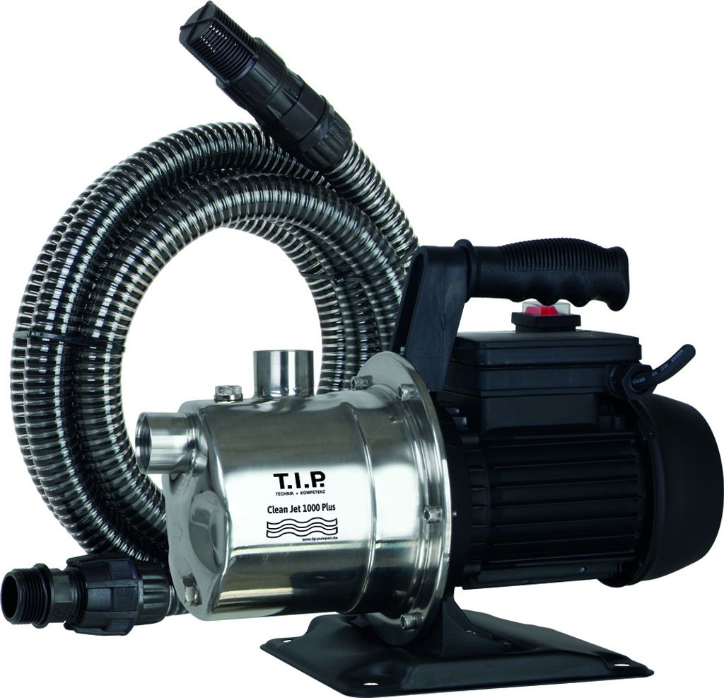 A T.I.P. Gartenpumpe Clean Jet 1000 Plus water pump with its suction hose is shown against a white background.