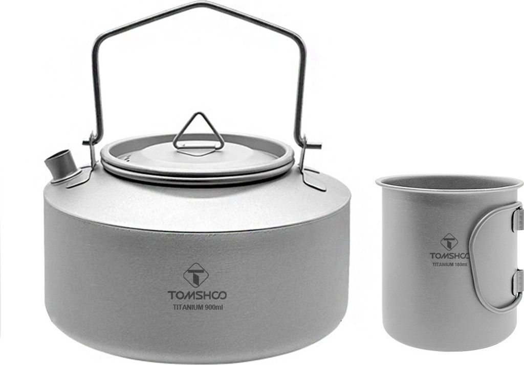 TOMSHOO 900-ml-Wasserkocher aus reinem Titan (Edelstahlgriff) Becherkombination (180-ml-Becher (ohne Deckel))