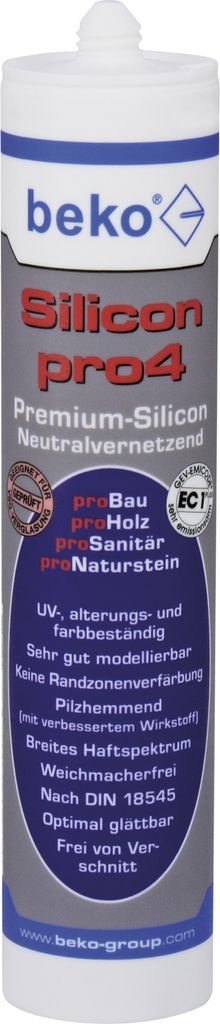 A tube of beko Silicon pro4 Premium Silicone sealant.