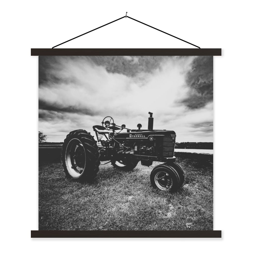 MuchoWow Textilposter Traktor - Schwarz - Weiß - Bauernhof - Vintage 120x120 cm mit schwarzem Rahmen - Aufhängungsset