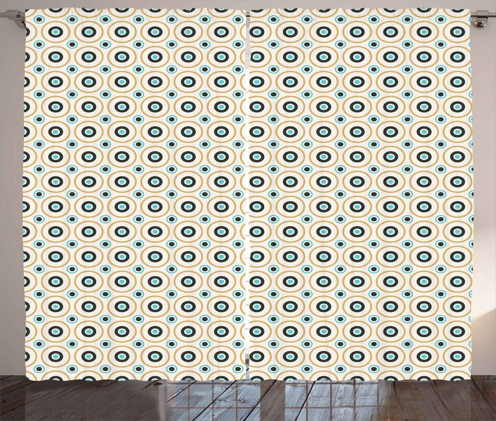 ABAKUHAUS Retro Rustikaler Vorhang, Kreise Spots bunt, Wohnzimmer Universalband Gardinen mit Schlaufen und Haken, 280 x 225 cm, Himmelblau Bernstei...
