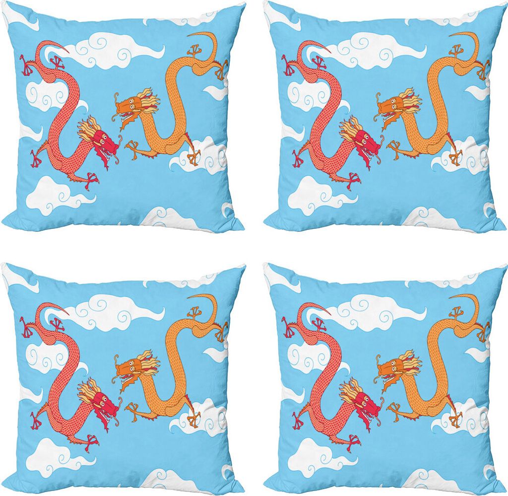 ABAKUHAUS Drachen Kissenbezug Set (4 Stück), Fantasy World Kreaturen Sky, Moderner Doppelseitiger Digitaldruck, 45 cm x 45 cm, Sky Blue Multicolor