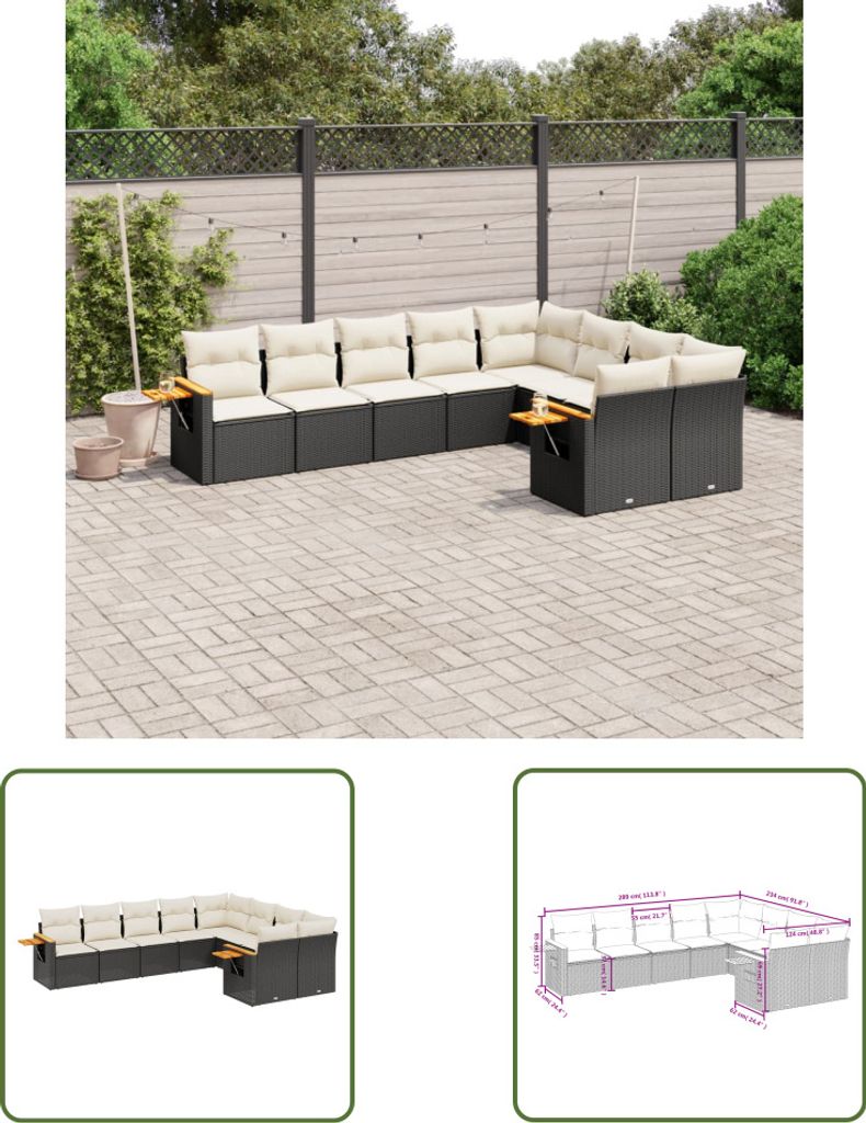 The Living Store 9-tlg. Garten-Sofagarnitur mit Kissen Schwarz Poly Rattan