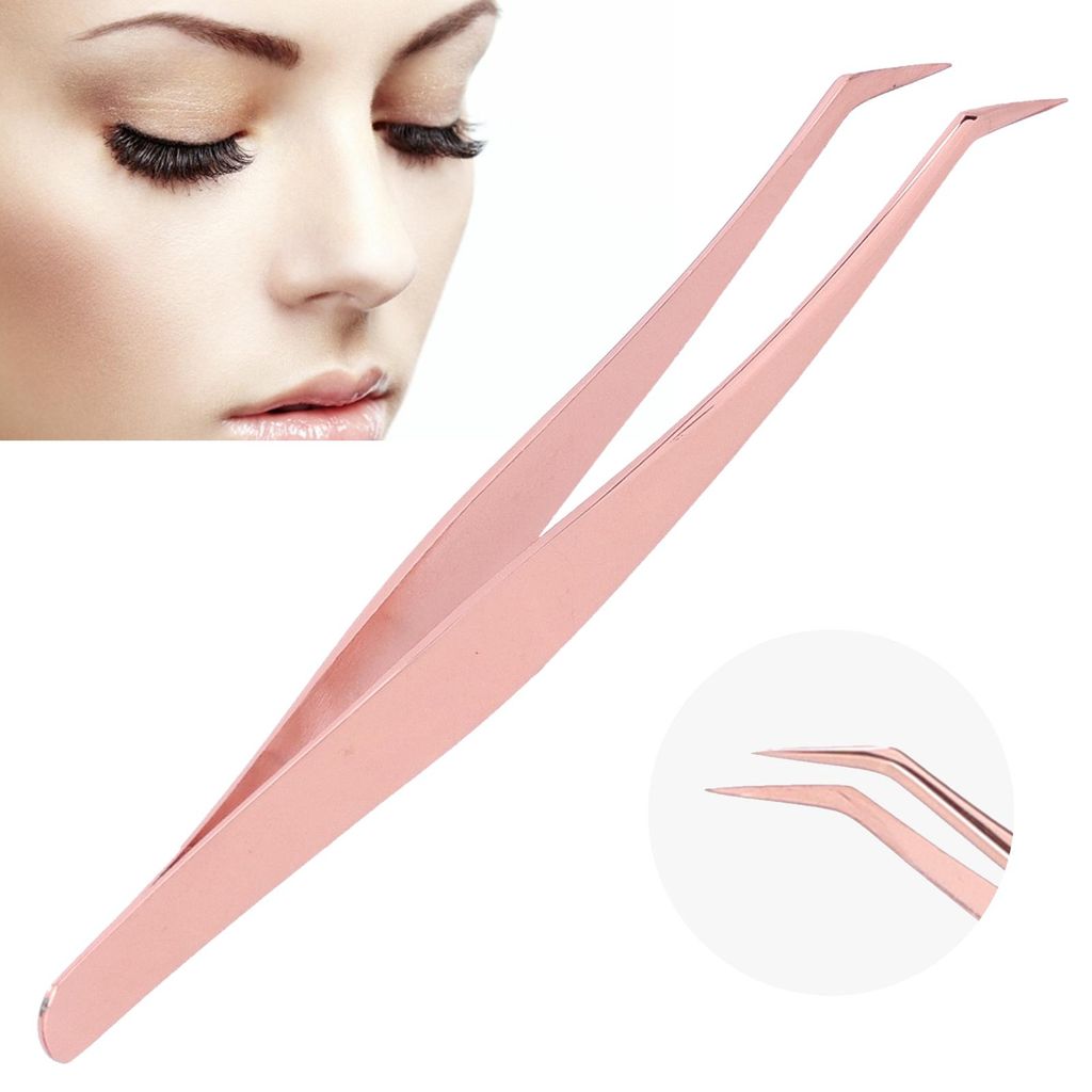 Falsche Wimpern-Pfropfpinzette, feine Spitze, Edelstahl, Wimpernverlängerungs-Werkzeug, Pinzette, Roségold, gebogen