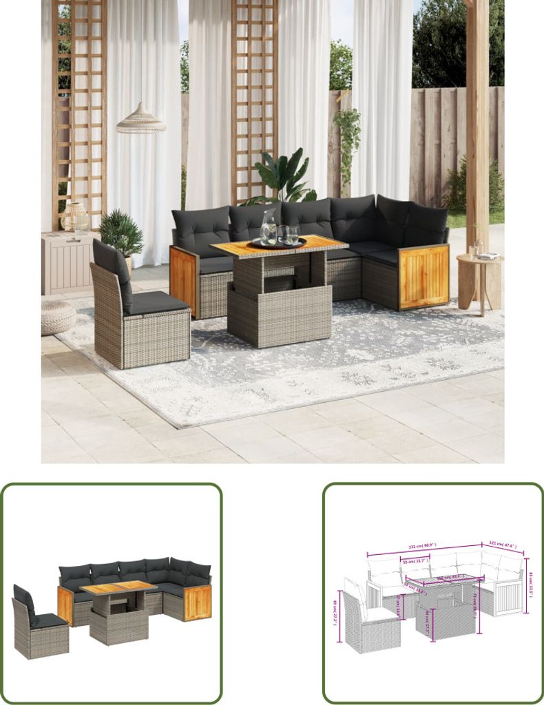 The Living Store 7-tlg. Garten-Sofagarnitur mit Kissen Grau Poly Rattan