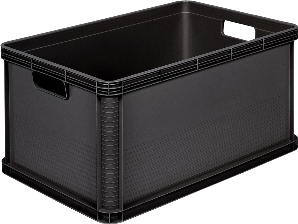 A black plastic storage box is shown from a three-quarter angle against a white background.