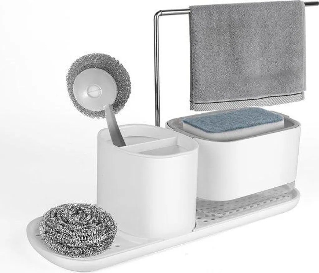 Distributeur de savon 4 en 1 cuisine blanc avec porte-éponge intégré