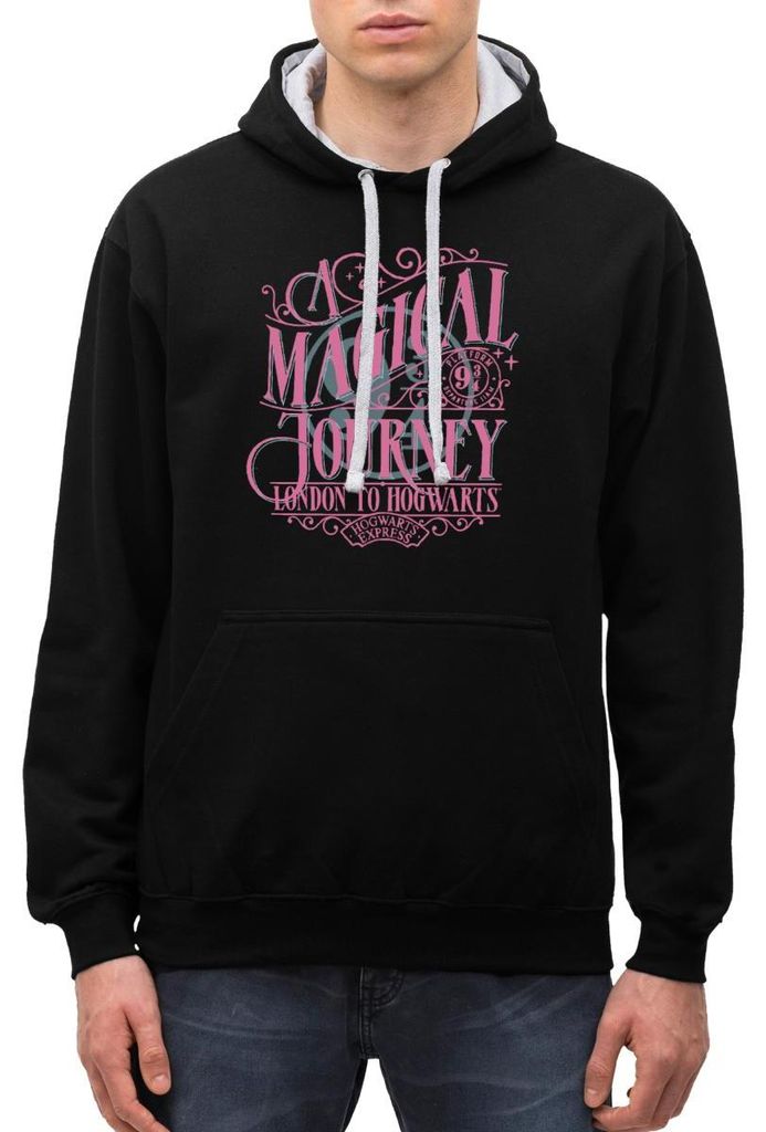 Spreadshirt Harry Potter Gleis 9¾ Design In Rosa & Blau Uni Kontrast Hoodie, L, Schwarz/Grau meliert