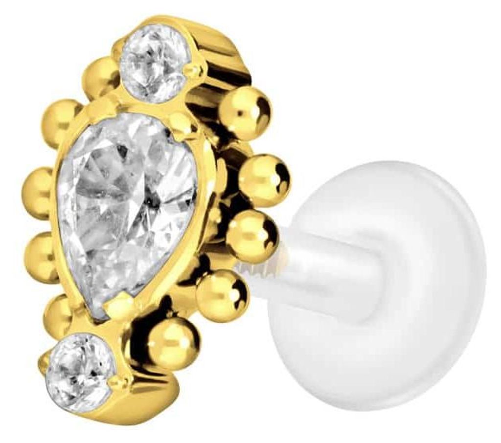 Ohrpiercing, Nasenpiercing PTFE Labret mit Innengewinde + Titan-Aufsatz 3 EINGEFASSTE KRISTALLE + KUGELN Gold Stablänge: 5mm | Stabstärke: 1,2mm