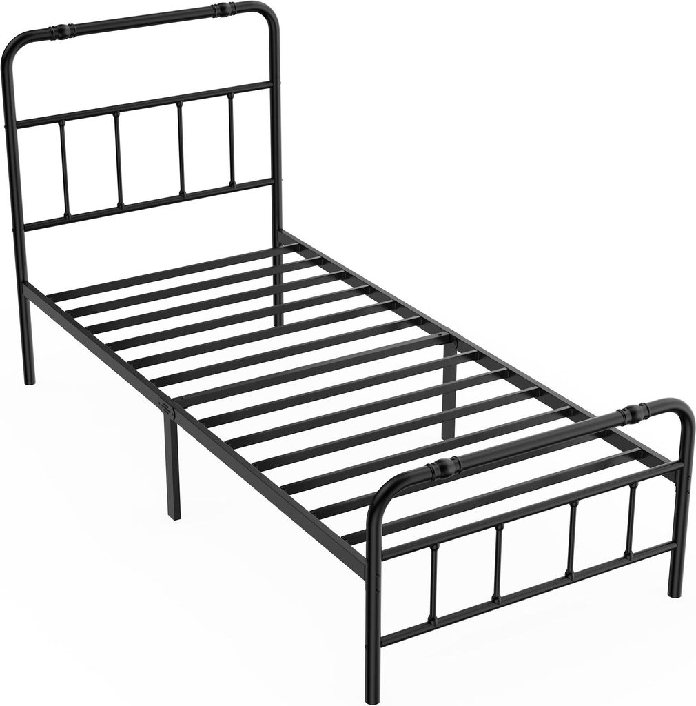 A black metal bed frame with a headboard and footboard, shown from a diagonal angle against a white background.