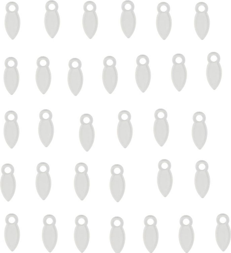 A grid of small, white, leaf-shaped charms with a loop at the top.