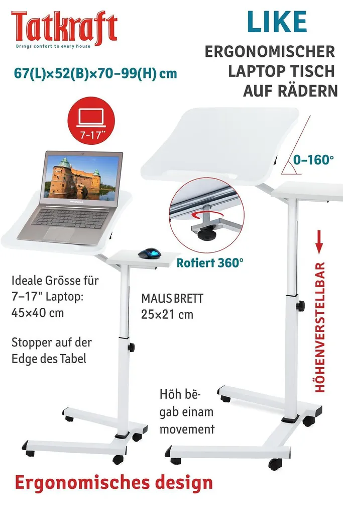 Table de lit pour ordinateur portable Tatkraft support inclinable blanc