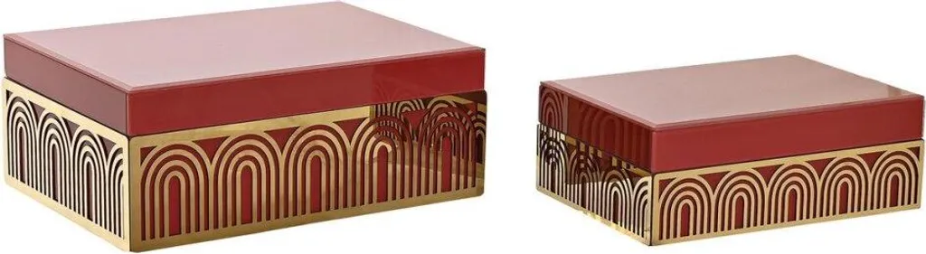 Boîte à bijoux DKD Home Decor Rouge et Or en Bois et Verre - 2 Pièces