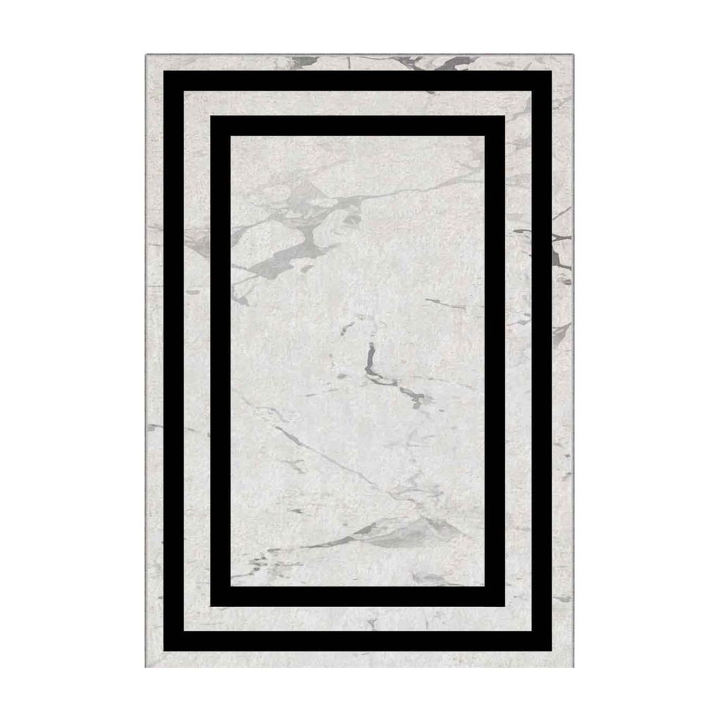 Teppich in Weißer Marmoroptik mit schwarzem Rahmen – 80x150 cm, rutschhemmend, Polyester-Samt, waschbar