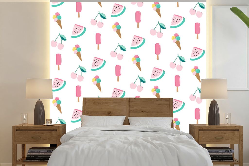 MuchoWow Fototapete für Wohnzimmer oder Schlafzimmer Wandtapete Vinyl Motivtapete Sommer - Muster - Pastell - 280x280 cm - Hintergrundbild