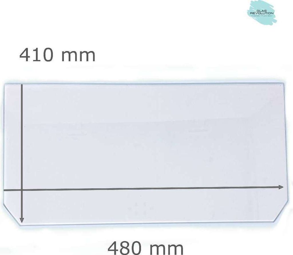 Kühlschrank Einlegeboden - Klarglas 4 mm - 2 abgeschrägte Ecken - 480 mm x 410 mm - (89,96 EUR / qm - Mindestbfl. 0,25 qm - Kantenb. 5,35 EUR / l...