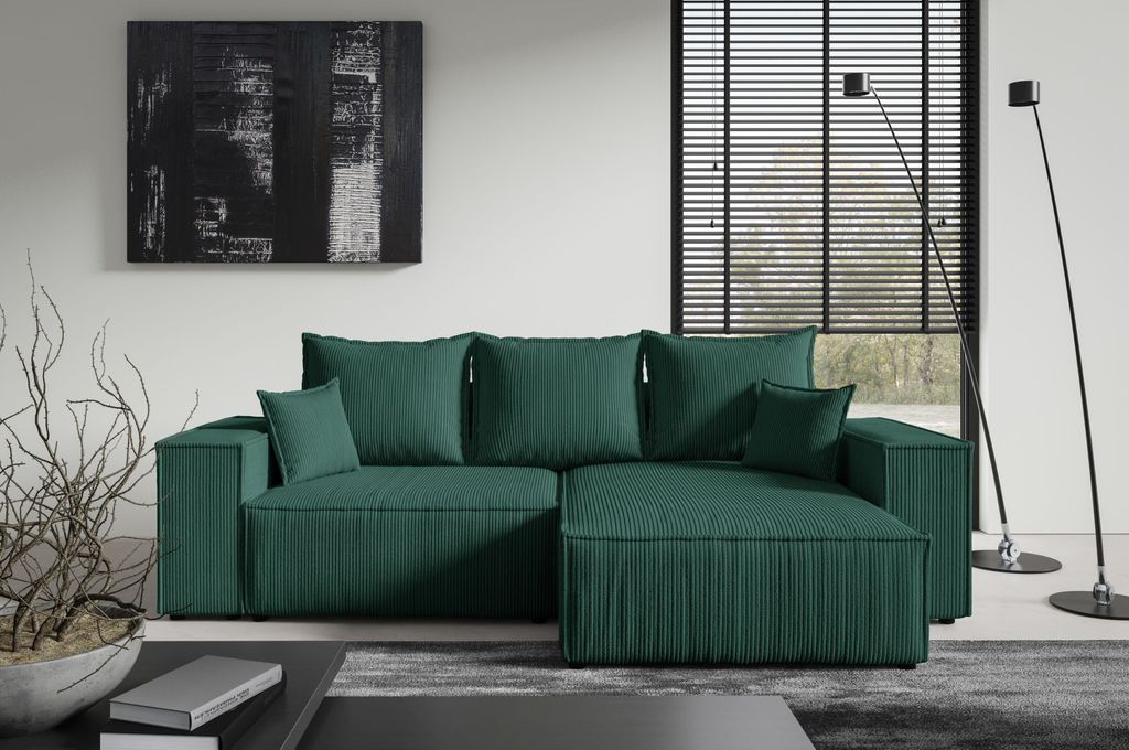 Ecksofa MINI POSSO von ANTONIO L-Form mit Schlaffunktion und Bettkästen in Dunkelgrün Cordbezug, Schenkel Ottomane rechts oder links