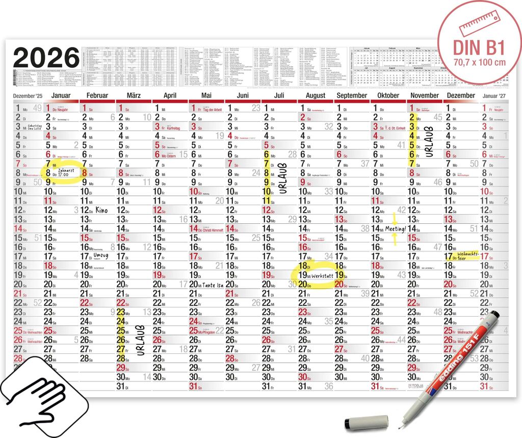 XXL Wandkalender 2026 DIN B0 - Abwischbarer Jahresplaner 140x100cm Mit 4 Markern