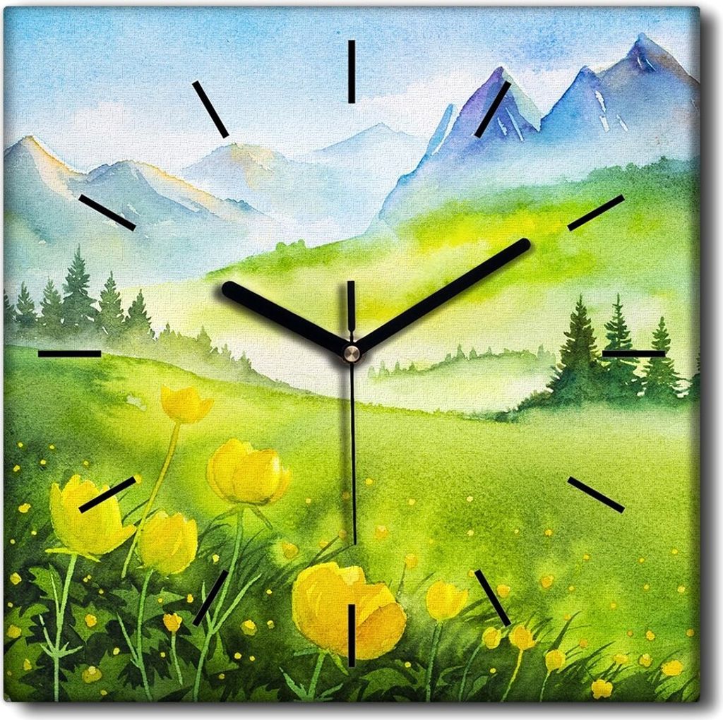 Coloray Uhr auf Leinwand 30x30 cm Wand Uhr Dekoration Wohnzimmer Segeltuch schwarze Hände -Berglandschaft Wiese.