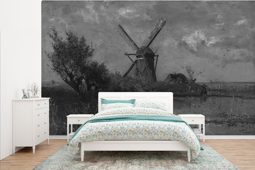 MuchoWow Fototapete für Wohnzimmer oder Schlafzimmer Wandtapete Vinyl Motivtapete Mühle an einem Teich in schwarz-weiß - Gemälde von Paul Jos...