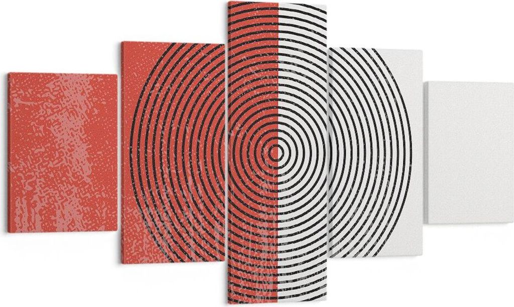 Bild auf Leinwand - Leinwandbild - 5 Teile - Abstraktion Weiß-Rot Kreise - 125x70cm - Wand Bild - Wanddeko - Wandbilder - Leinwanddruck - Bilder -...