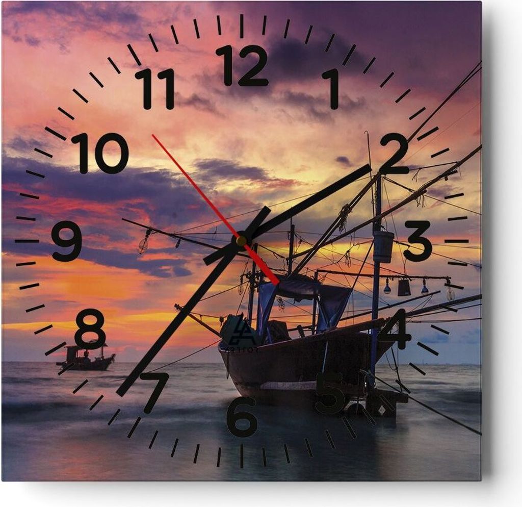 Wanduhr - Quadrat - Glasuhr - Asien Boot Kutter - 40x40cm - Schleichendes Uhrwerk - Lautlos - zum Aufhängen bereit - Dekoration Modern - Wanddekor...
