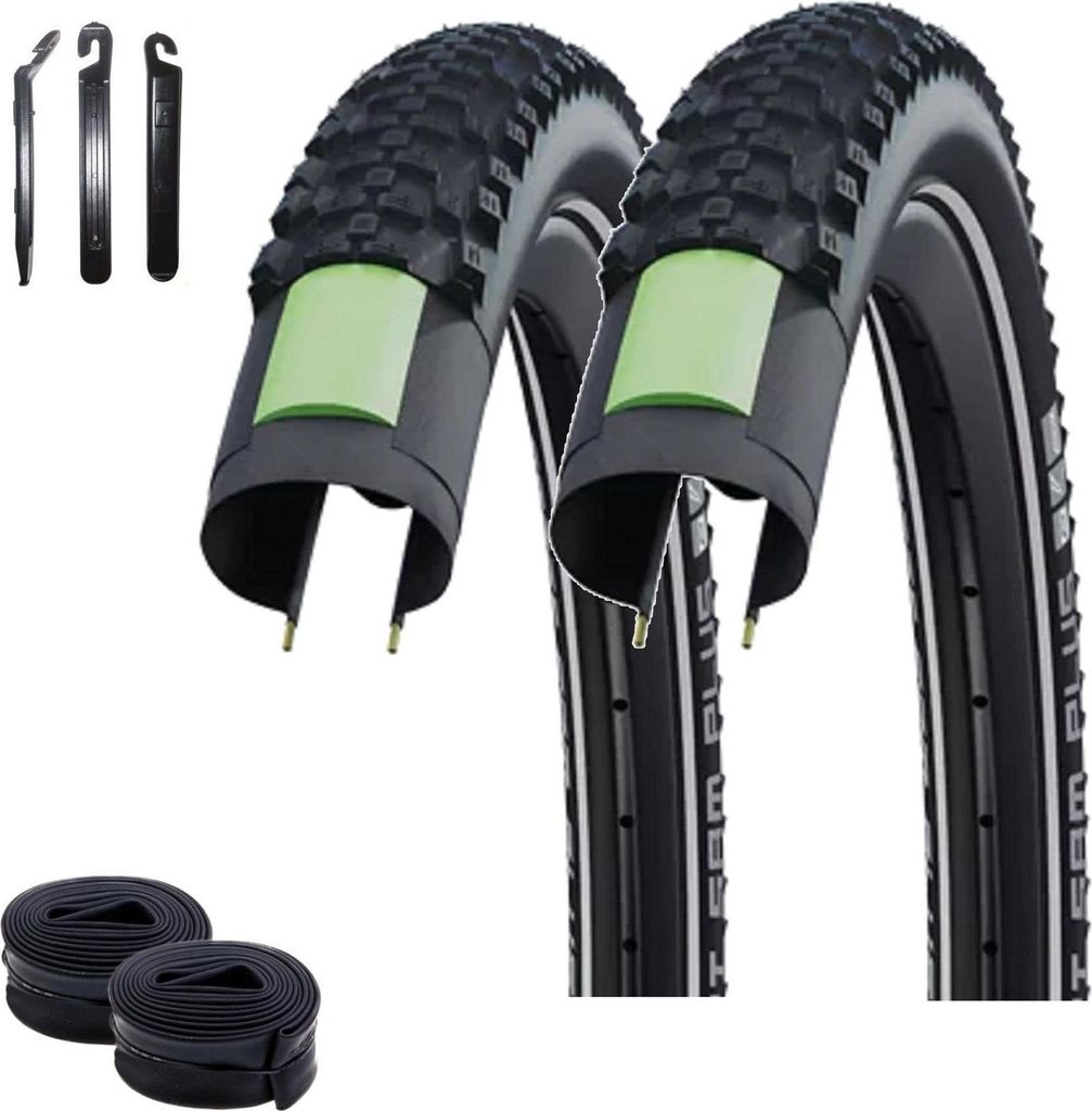 2 x Schwalbe Smart Sam Plus Performance E-50 DD Greenguard Schwarz-Reflex 57-584 (27.5 x 2.25") + 2 x Schwalbe Schläuche DV19 inkl. Reifenheber