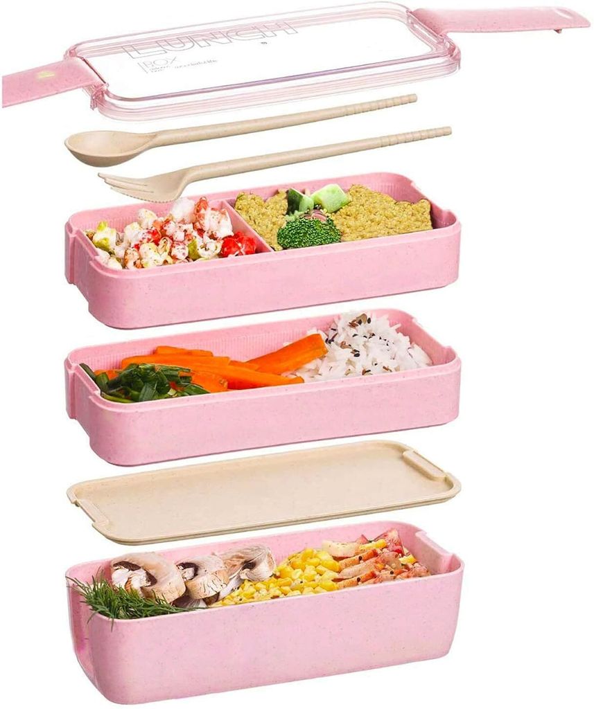 Japanische Bento Box Lunch Box, wiederverwendbare 3-in-1 Fächer, Bento Lunch Box Essensvorbereitungsbehälter mit Gabel, Löffel