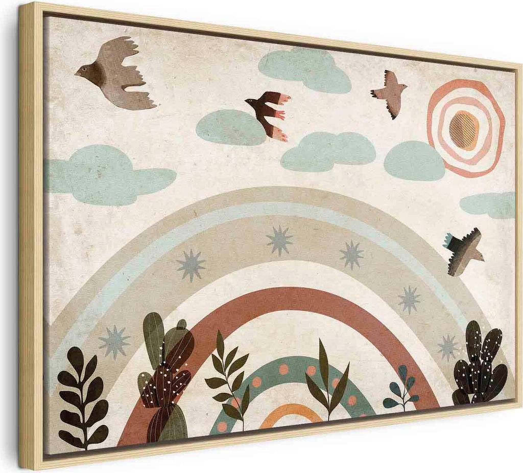 Italienischer Leinwand Leinwandbild - Rainbow and Sun Above - Birds in Subdued Colors Flying Among Clouds Above a Rainbow and Various Plants on a L...