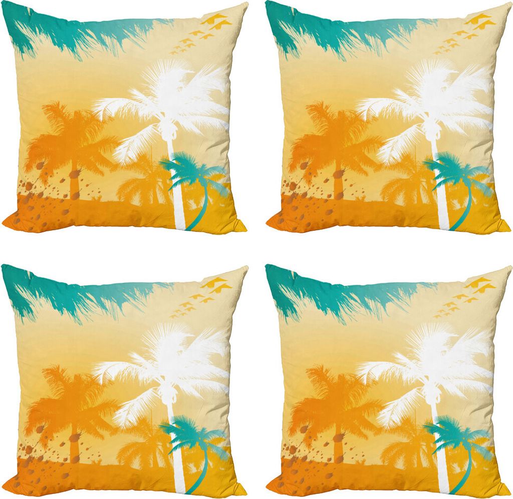 ABAKUHAUS Tropisch Kissenbezug Set (4 Stück), Funky Retro Vivid Palms, Moderner Doppelseitiger Digitaldruck, 45 cm x 45 cm, Marigold Teal weiß