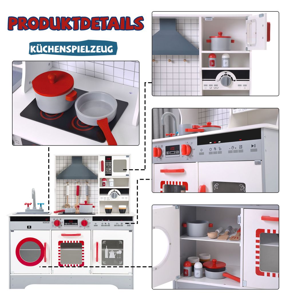 Kinderküche Spielküche Spielzeug Küche mit Zubehör 7 Teile Rot Grau 