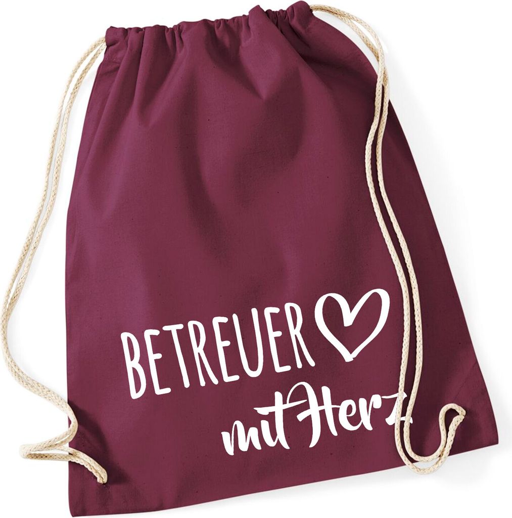 Huuraa Turnbeutel Betreuer mit Herz 12 Liter Burgundy Baumwolle Rucksack Geschenkidee