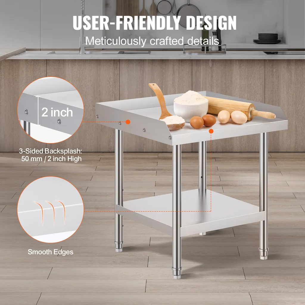 SucceBuy Tavolo da lavoro in acciaio inox 24 x 24 x 26 pollici. Robusto tavolo commerciale per la preparazione di alimenti con alzatina su 3 lati. Regolabile in altezza per l'uso in ristoranti, case e alberghi. - 4