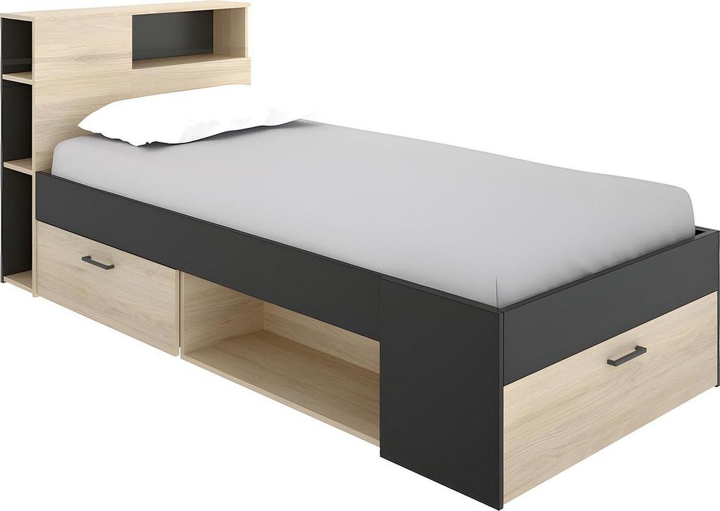 Bett mit Kopfteil, mit Kommode und Schublade - 90x190 cm - Farbe: natur und anthrazit - LEANDRE